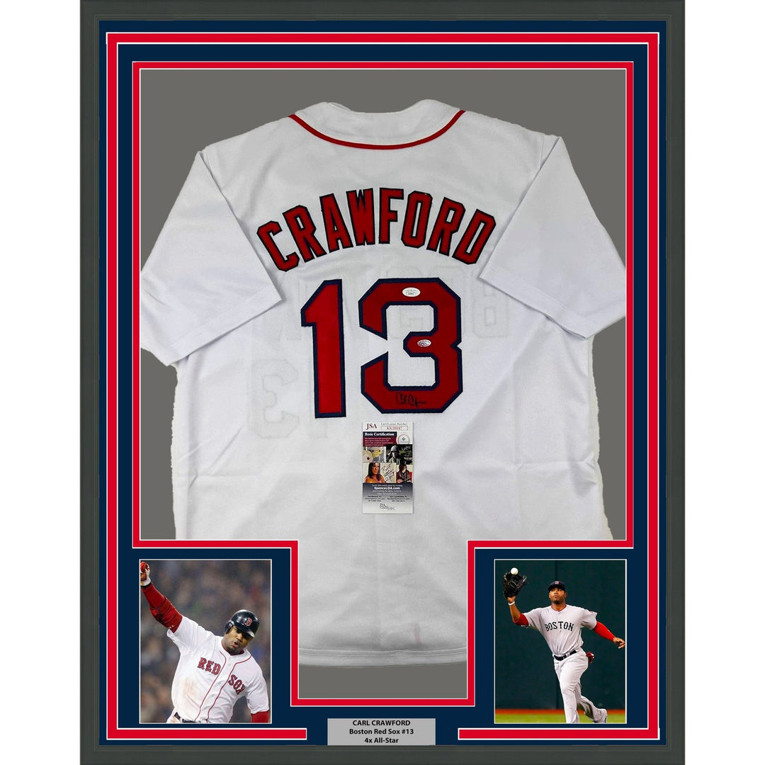 Framed Autographed/Signed Carl Crawford 35x39 Boston White Jersey JSA COA