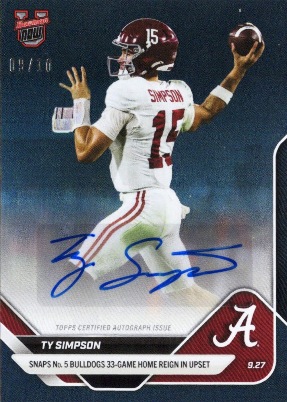 2025 Topps Bowman U Now Ty Simpson #22A Black Auto /10 Rookie RC Football Card