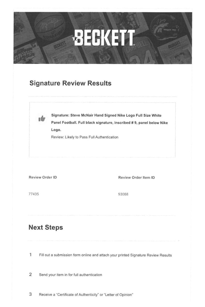 Steve McNair signed Nike Logo Full Size White Panel Football #9– Beckett Review