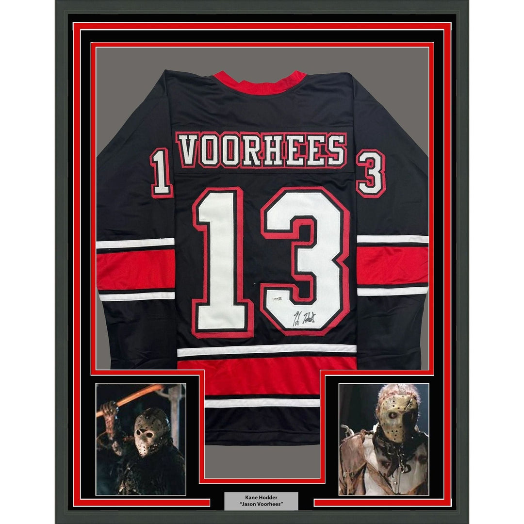 Framed Autographed/Signed Kane Hodder 35x39 Jason Voorhees Jersey JSA COA