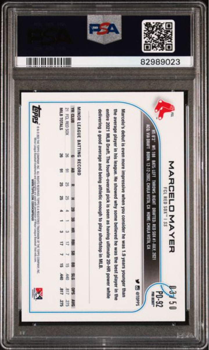 Graded 2022 Topps Pro Debut Marcelo Mayer #PD92 Gold /50 Rookie RC Card PSA 10