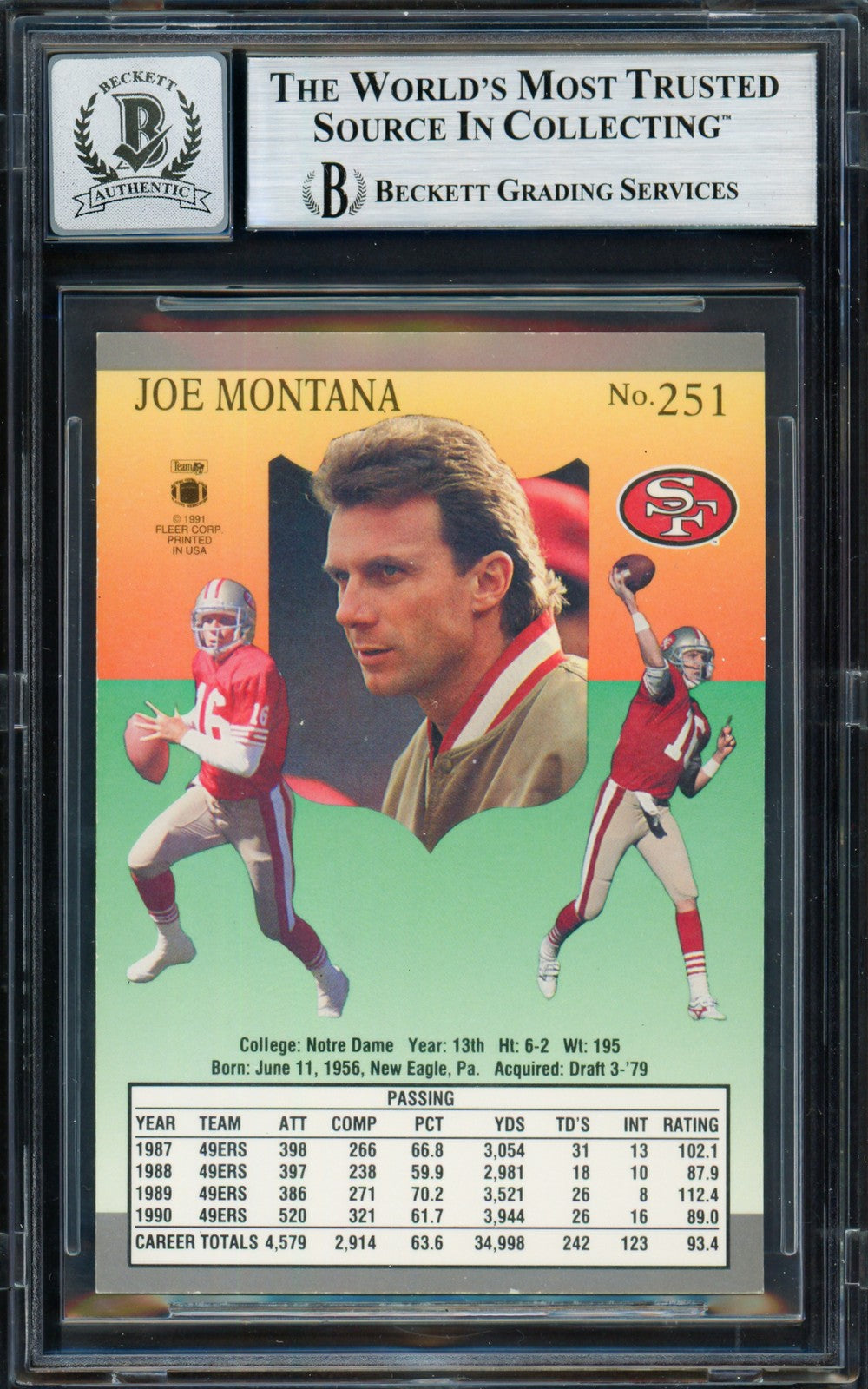 Joe Montana Signed 1991 Fleer Ultra Card 251 49ers Auto GM 10 Beckett