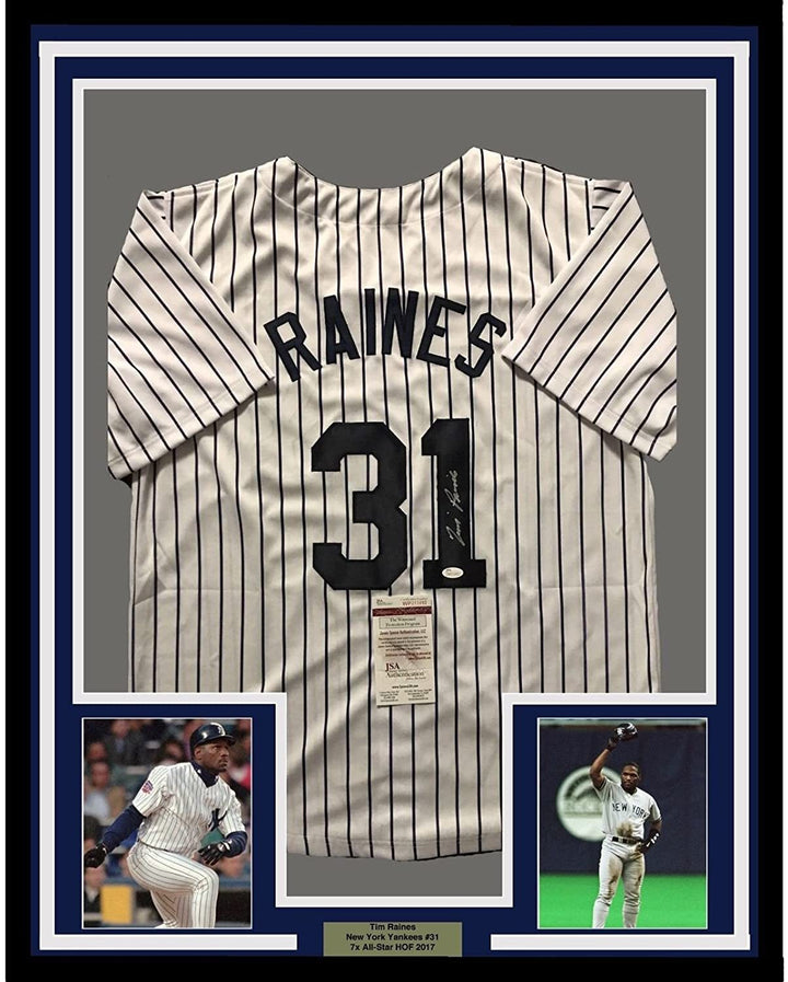 FRAMED Autographed/Signed TIM RAINES 33x42 New York Pinstripe Jersey JSA COA