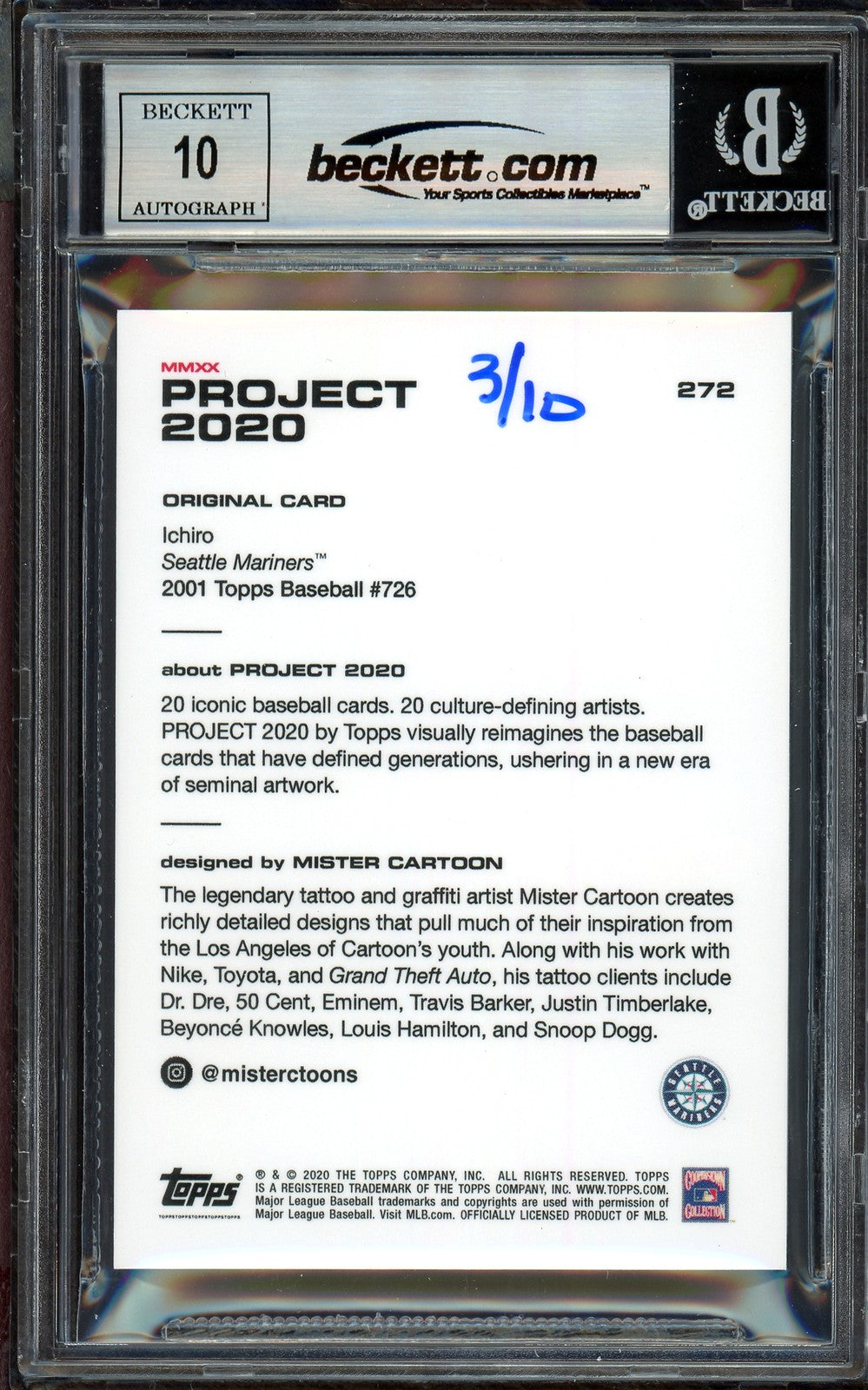 Ichiro Suzuki Auto Topps Project 2020 Mister Cartoon Card 272 Sig 10 #/10 BAS