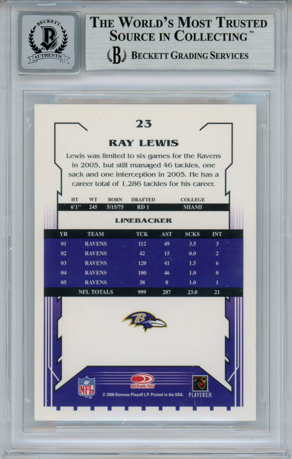 Ray Lewis Autographed 2006 Score #23 Trading Card Beckett 10 Slab 35230