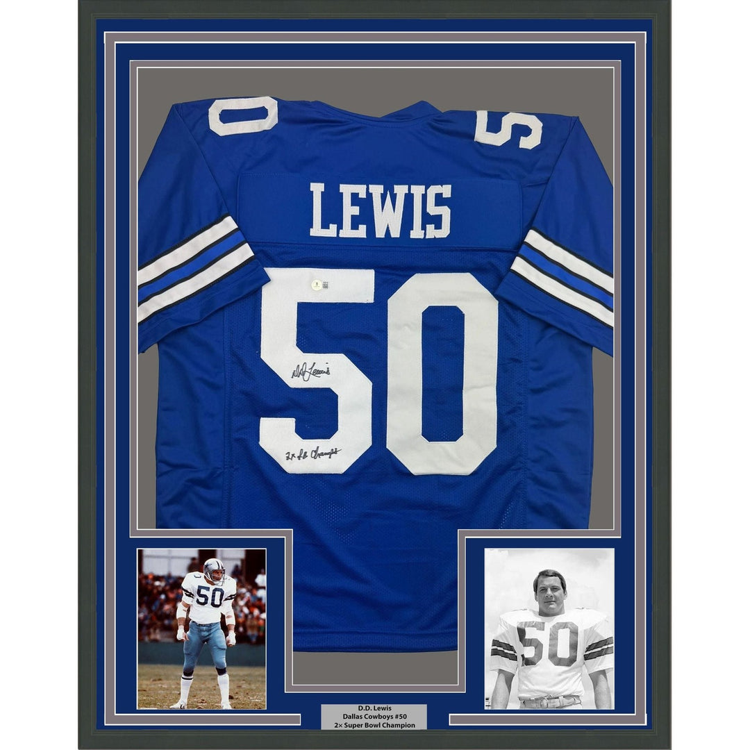 Framed Autographed/Signed DD Lewis 35x39 Dallas Retro Blue Jersey BAS COA