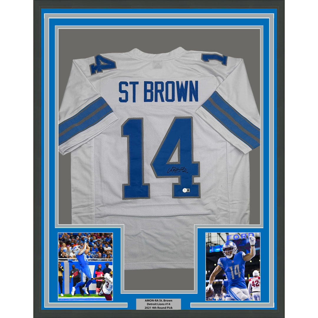 Framed Autographed/Signed Amon-Ra St. Brown 35x39 Detroit White Jersey BAS COA