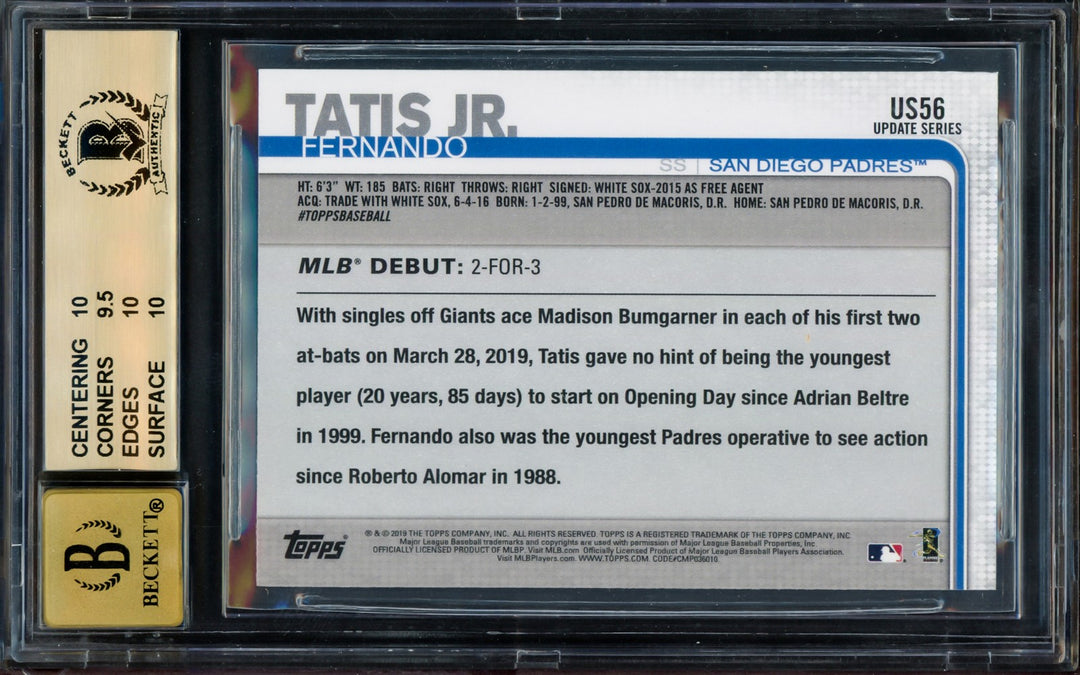 Fernando Tatis Jr Auto Signed 2019 Topps Update RC US56 BGS 10 Sig 10 Beckett
