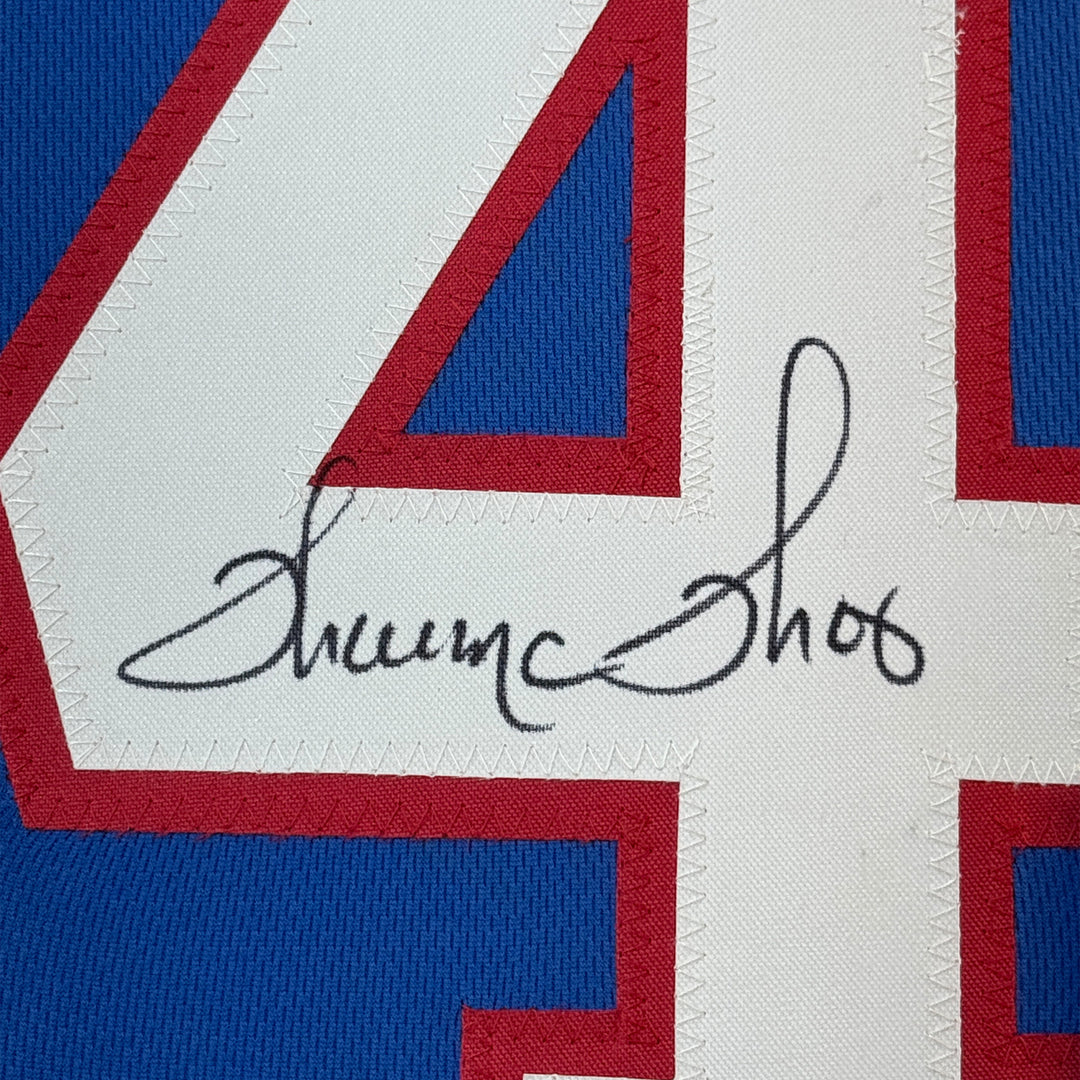 FRAMED Autographed/Signed THURMAN THOMAS 33x42 Buffalo Blue Jersey JSA COA Auto