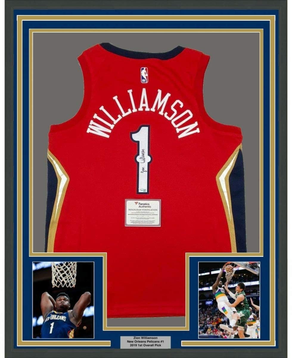 Framed Signed Zion Williamson 35x39 Pelicans Red Jersey Fanatics COA