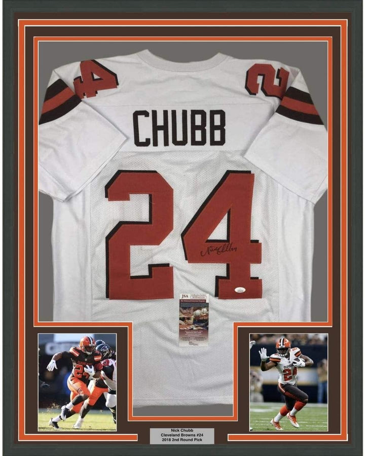 Framed Autographed/Signed Nick Chubb 35x39 Cleveland White Jersey JSA COA