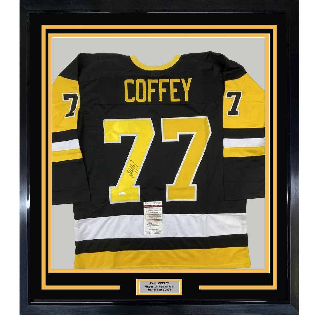 Framed Autographed/Signed Paul Coffey 35x39 Pittsburgh Black Jersey JSA COA