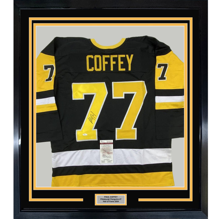 Framed Autographed/Signed Paul Coffey 35x39 Pittsburgh Black Jersey JSA COA