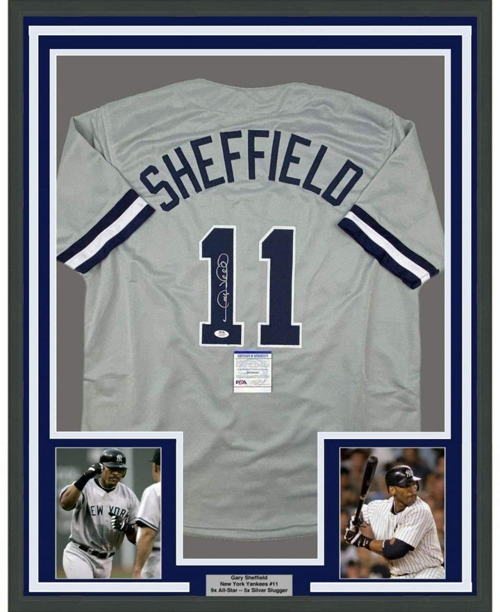 FRAMED Autographed/Signed GARY SHEFFIELD 33x42 New York Grey Jersey PSA COA