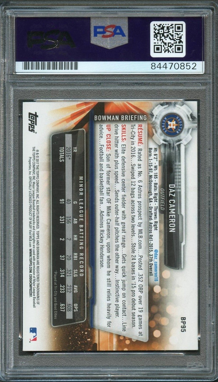 2017 Bowman #BP-095 DAZ CAMERON Signed Card PSA Slabbed Auto 10 Astros