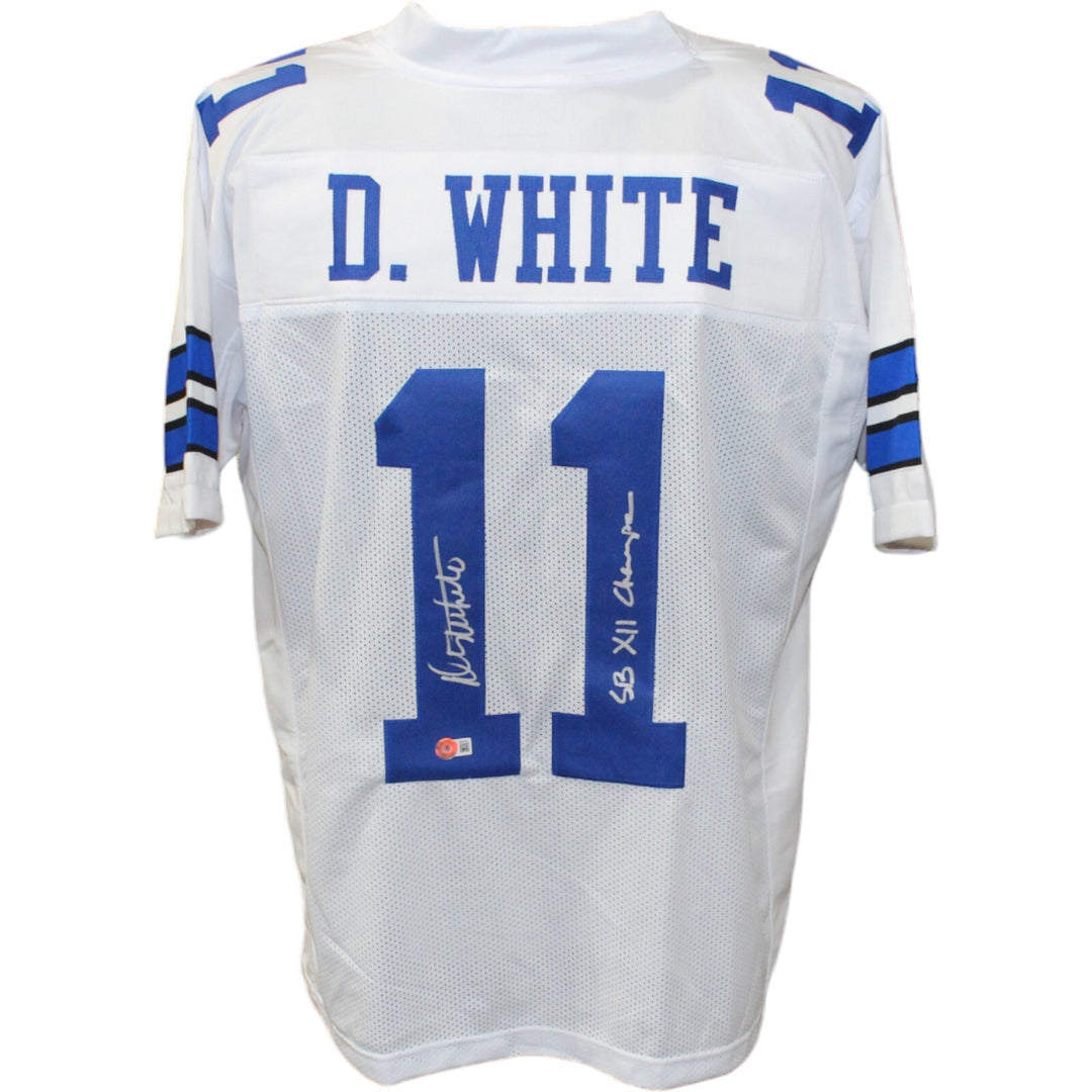 Danny White Autographed Pro Style White XL Jersey Insc. Beckett 44379