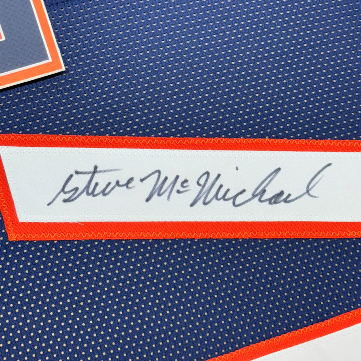 Framed Autographed/Signed Steve McMichael 35x39 Chicago Blue Jersey JSA COA