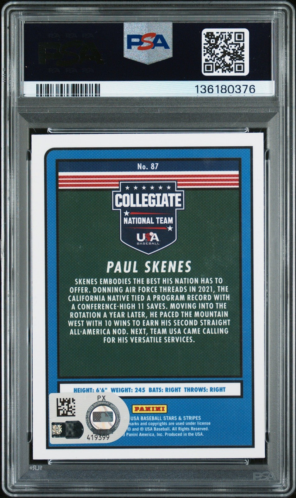 Graded 2023 Stars & Stripes USA Paul Skenes #87 RC Card PSA AUTH Auto