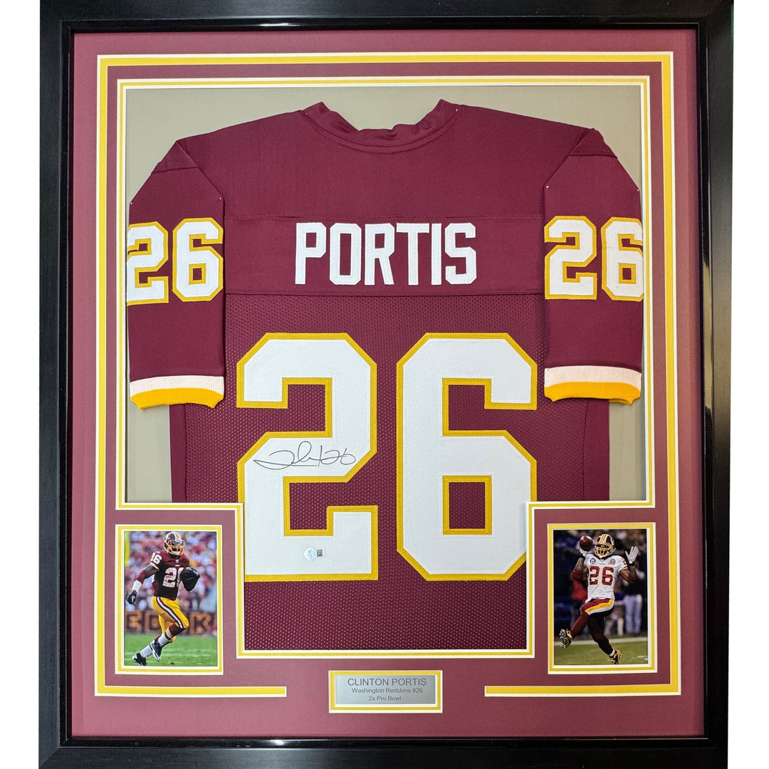 Framed Autographed/Signed Clinton Portis 35x39 Washington Burgundy Jers