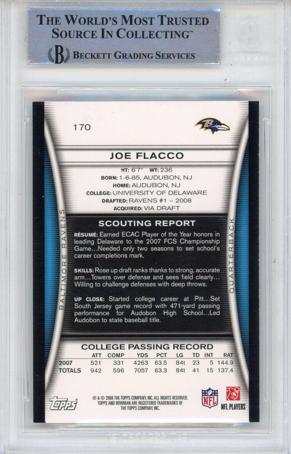 Joe Flacco Autographed  2008 Bowman #170 Beckett Slabbed 39904