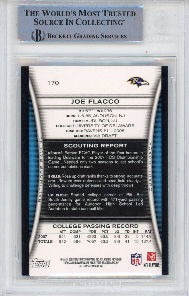 Joe Flacco Autographed  2008 Bowman #170 Beckett Slabbed 39904
