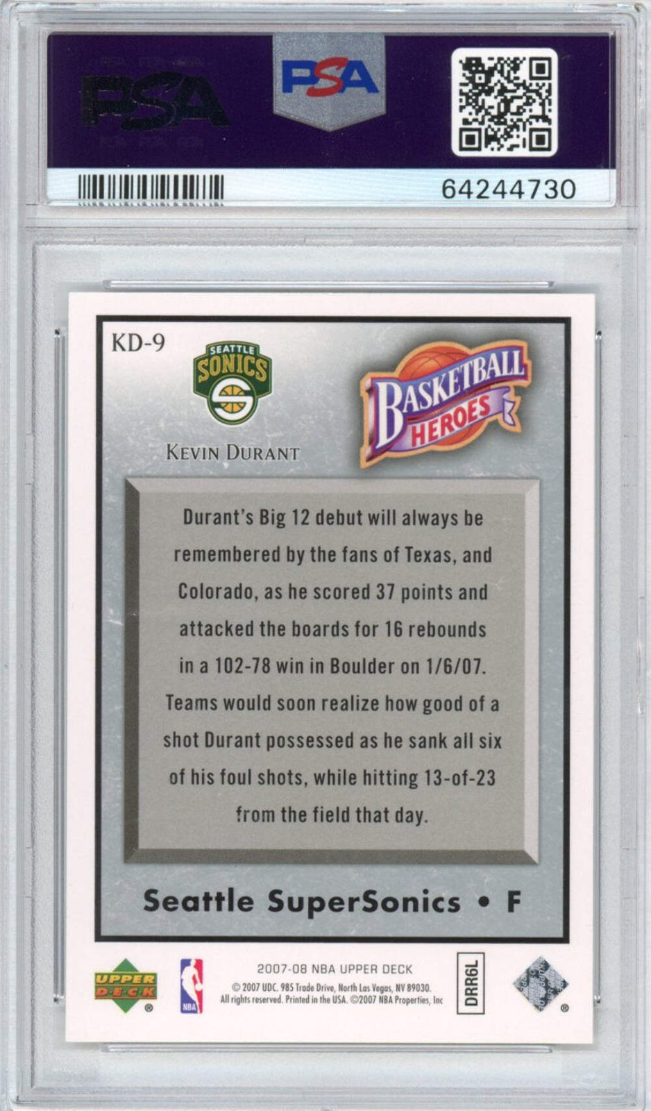 Graded 2007-08 Upper Deck UD NBA Heroes Kevin Durant #KD-9 Rookie Card PSA 10