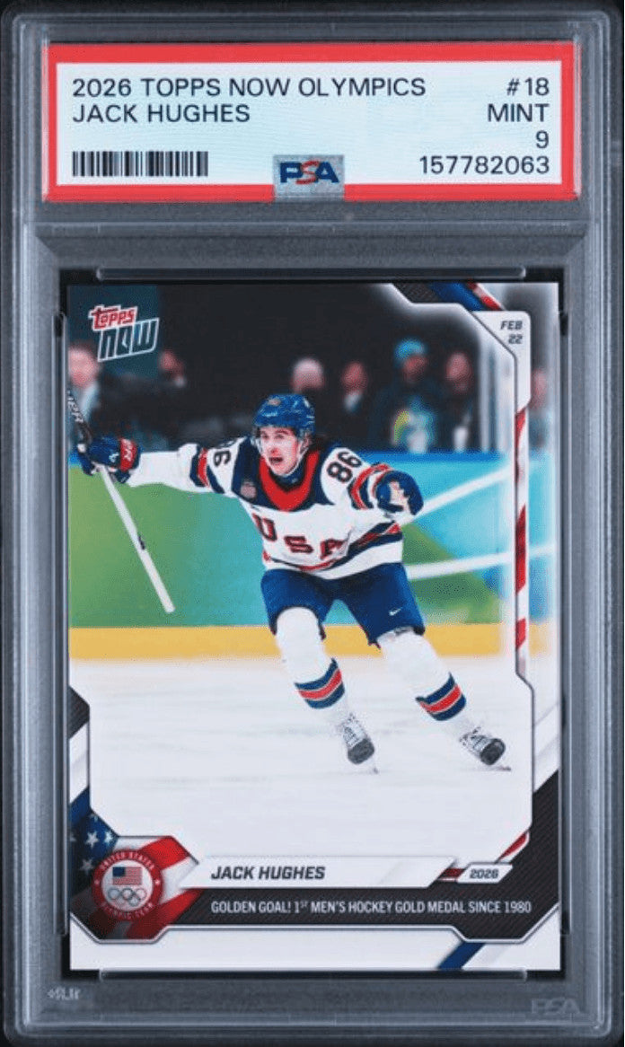 Graded 2026 Topps Now Olympics Jack Hughes #18SSP USA Hockey Card PSA 9