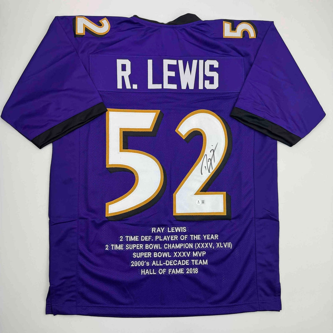 Autographed/Signed Ray Lewis Baltimore Purple Stat Jersey Beckett COA