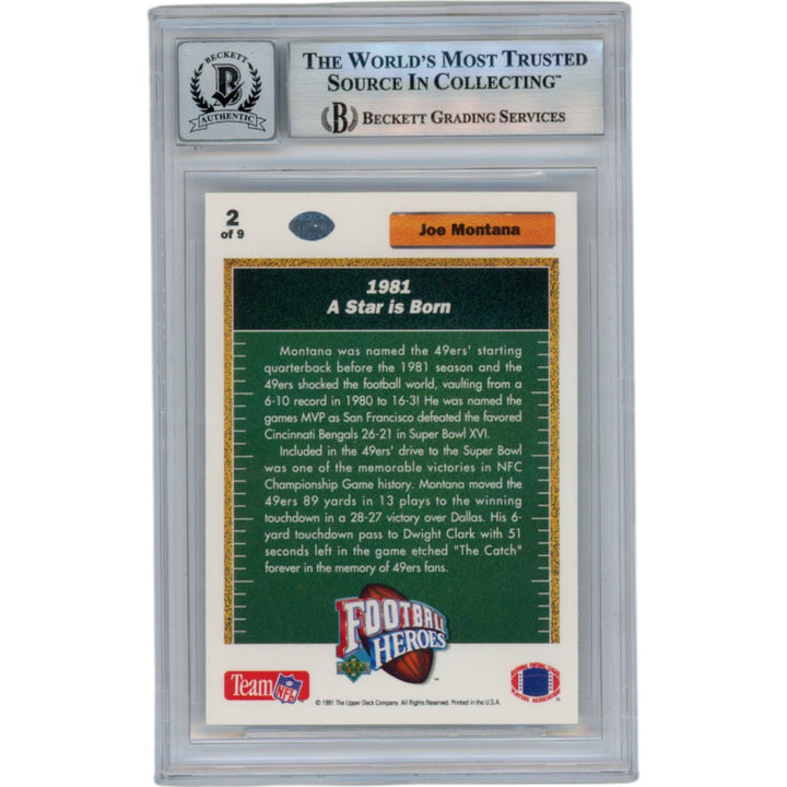 Joe Montana Autographed 1991 Upper Deck #2 Slab Trading Card Beckett 49952