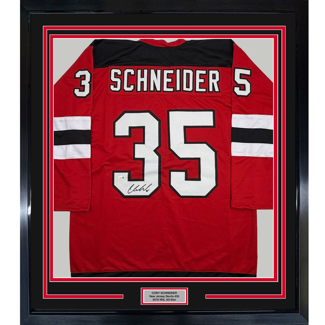 Framed Autographed/Signed Cory Schneider 35x39 NJ Red Hockey Jersey JSA COA