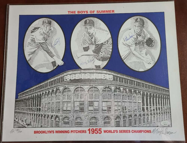 Labine Craig Podres JSA Cert Signed  16x20 1955 Brooklyn Boys of Summer Poster A