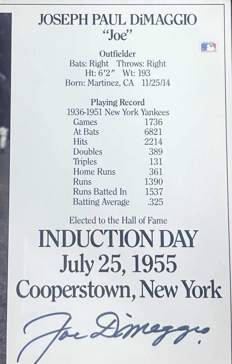 Joe DiMaggio Signed HOF Induction Framed 8x10 Photo  Yankees LE Auto GOLDIN COA