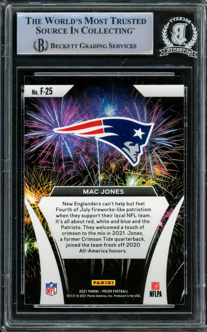 Mac Jones Signed 2021 Panini Prizm Fireworks RC F-25 Patriots Beckett #14860966