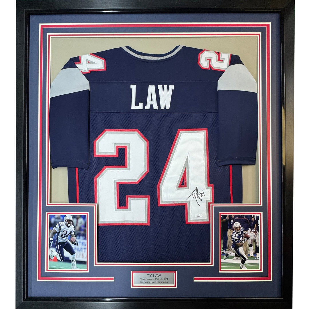 Framed Autographed/Signed Ty Law 35x39 New England Blue Jersey JSA COA