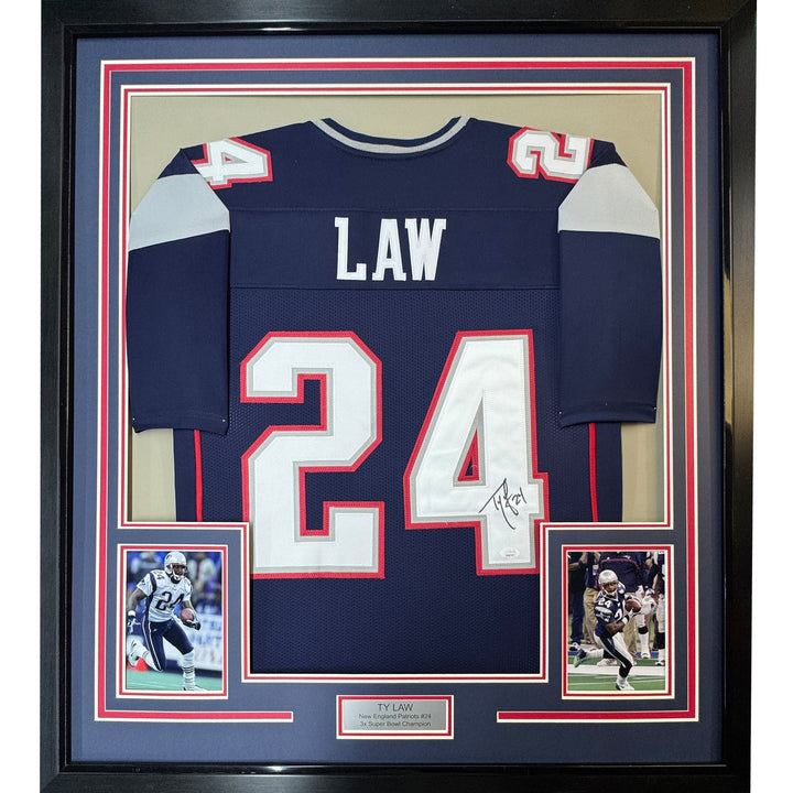 Framed Autographed/Signed Ty Law 35x39 New England Blue Jersey JSA COA