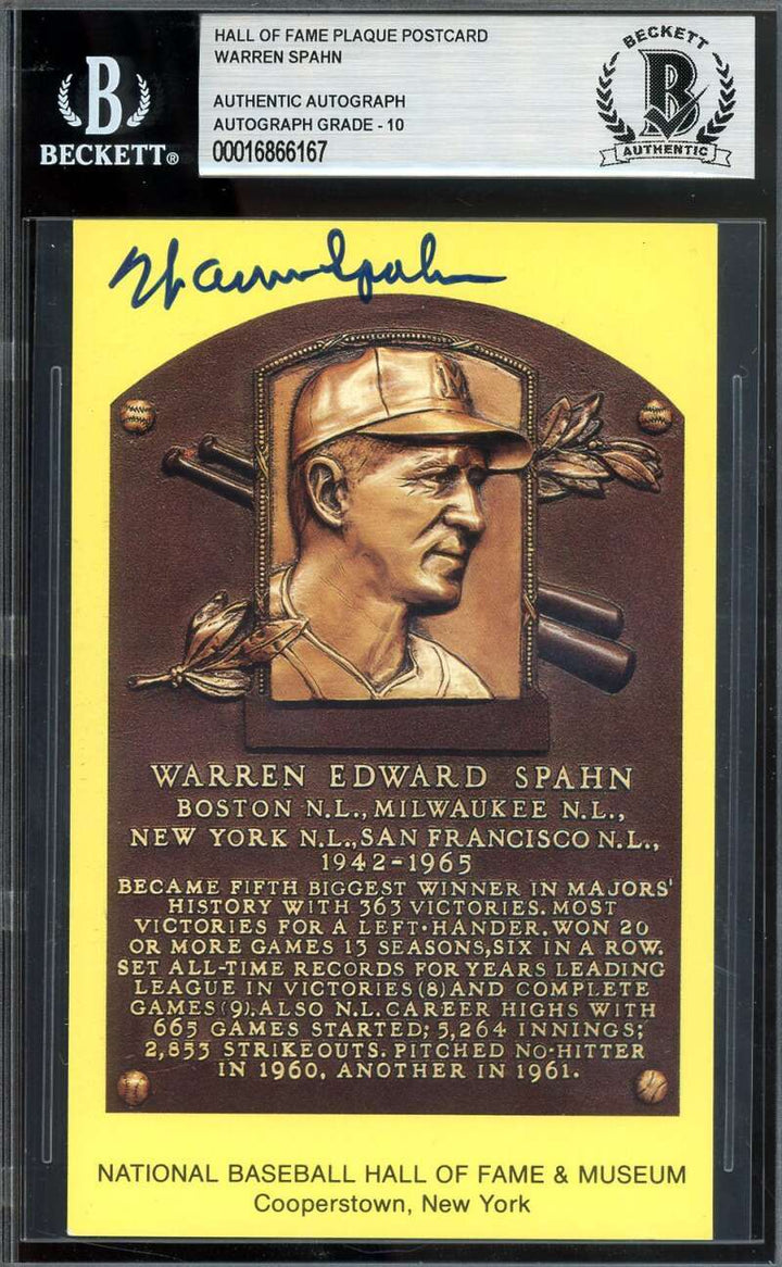 Warren Spahn Gem Mint 10 Beckett BAS Signed Gold HoF Plaque Postcard Autograph
