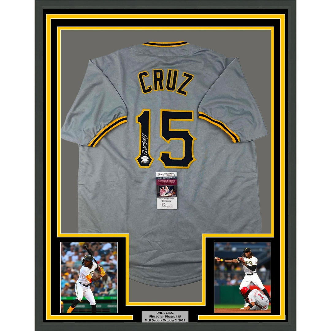 Framed Autographed/Signed Oneil Cruz 33x42 Pittsburgh Grey Jersey JSA COA