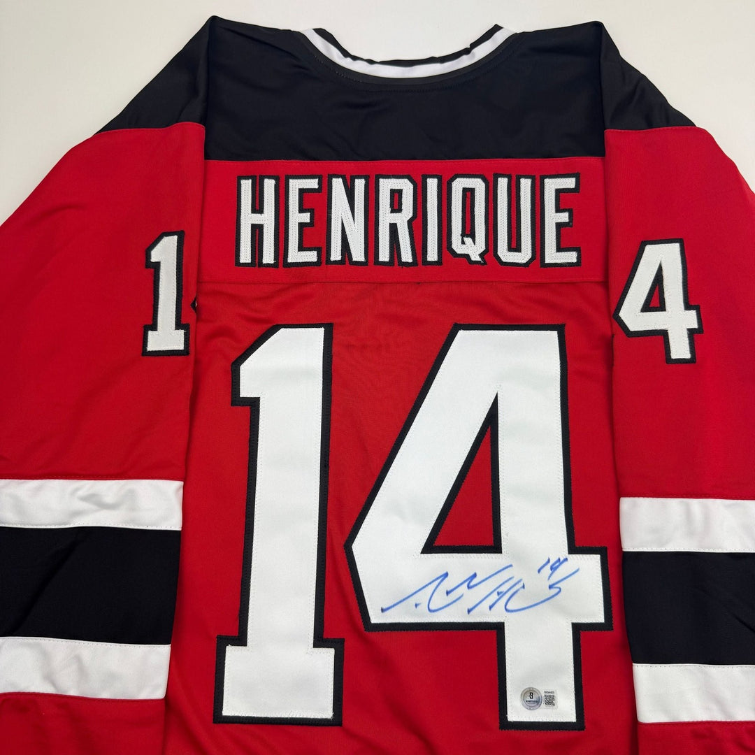 Autographed/Signed Adam Henrique New Jersey NJ Red Hockey Jersey BAS COA