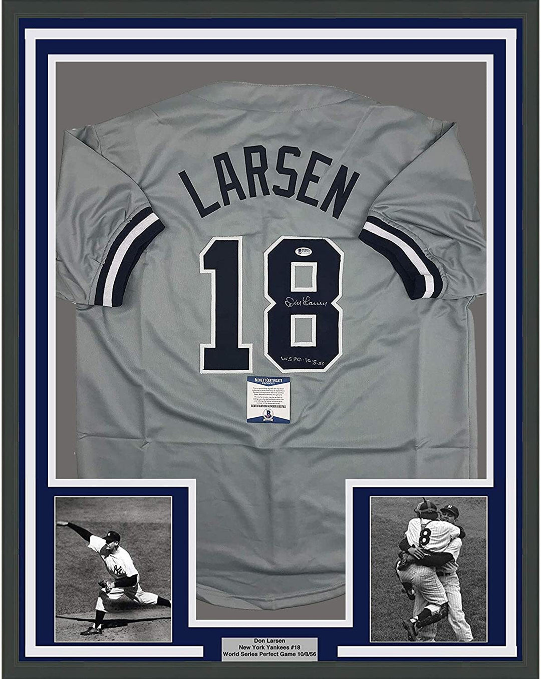 Framed Autographed/Signed Don Larsen Inscribed 33x42 NY Grey Jersey Beckett COA