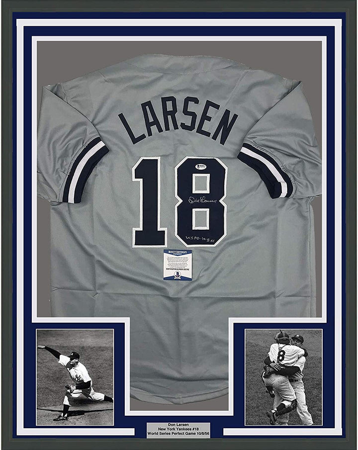 Framed Autographed/Signed Don Larsen Inscribed 33x42 NY Grey Jersey Beckett COA