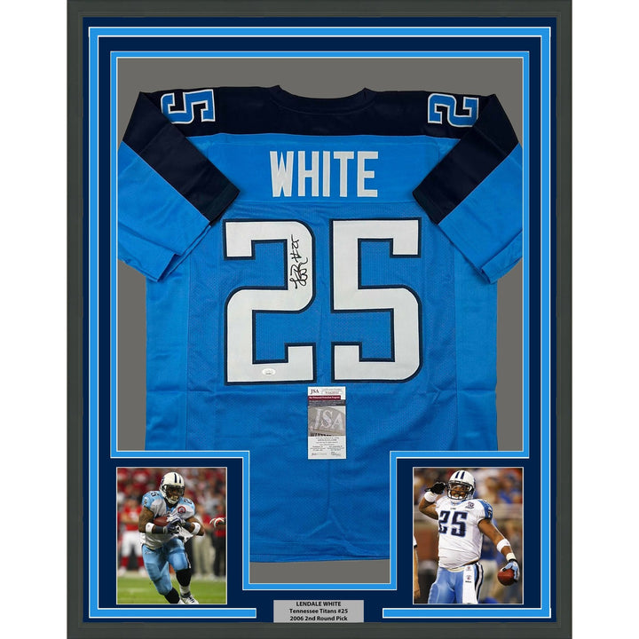 Framed Autographed/Signed LenDale White 35x39 Light Blue Jersey JSA COA