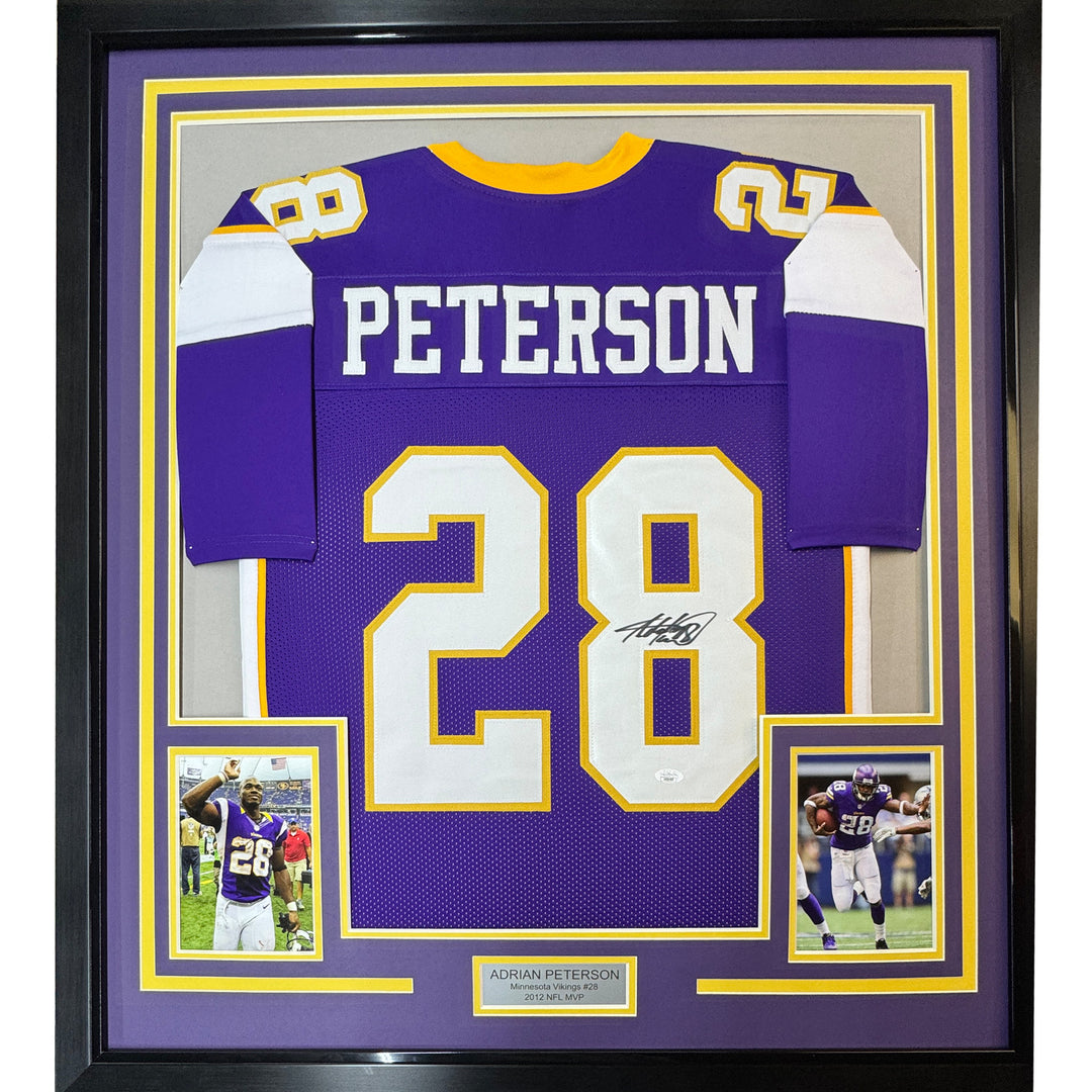 Framed Autographed/Signed Adrian Peterson 33x42 Minnesota Purple Jersey BAS COA