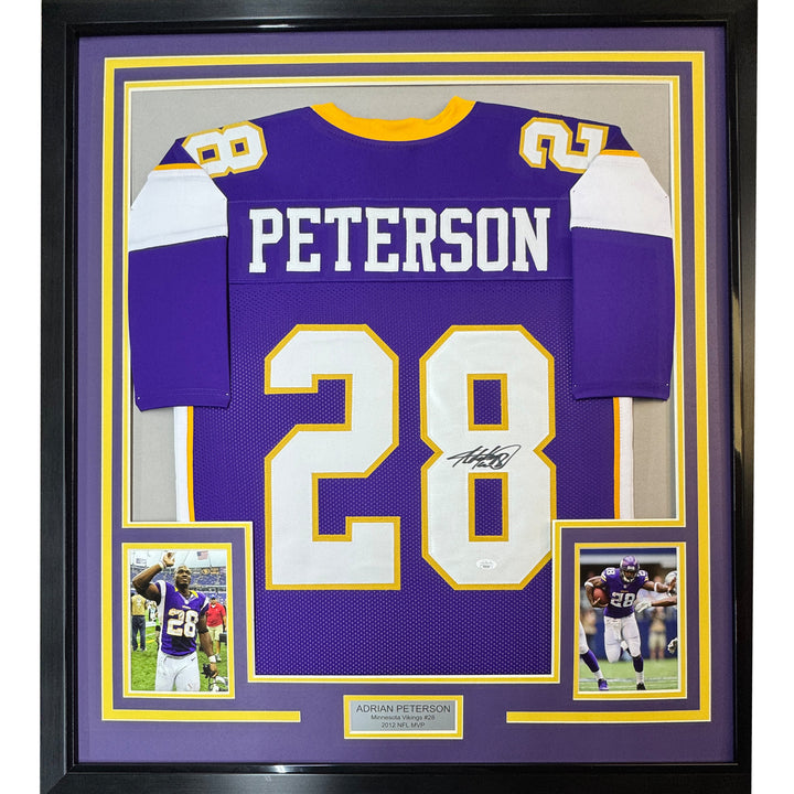 Framed Autographed/Signed Adrian Peterson 33x42 Minnesota Purple Jersey BAS COA