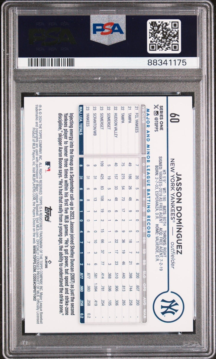 Graded 2024 Topps Jasson Dominguez #60 Rookie RC Card PSA 10 Gem Mint