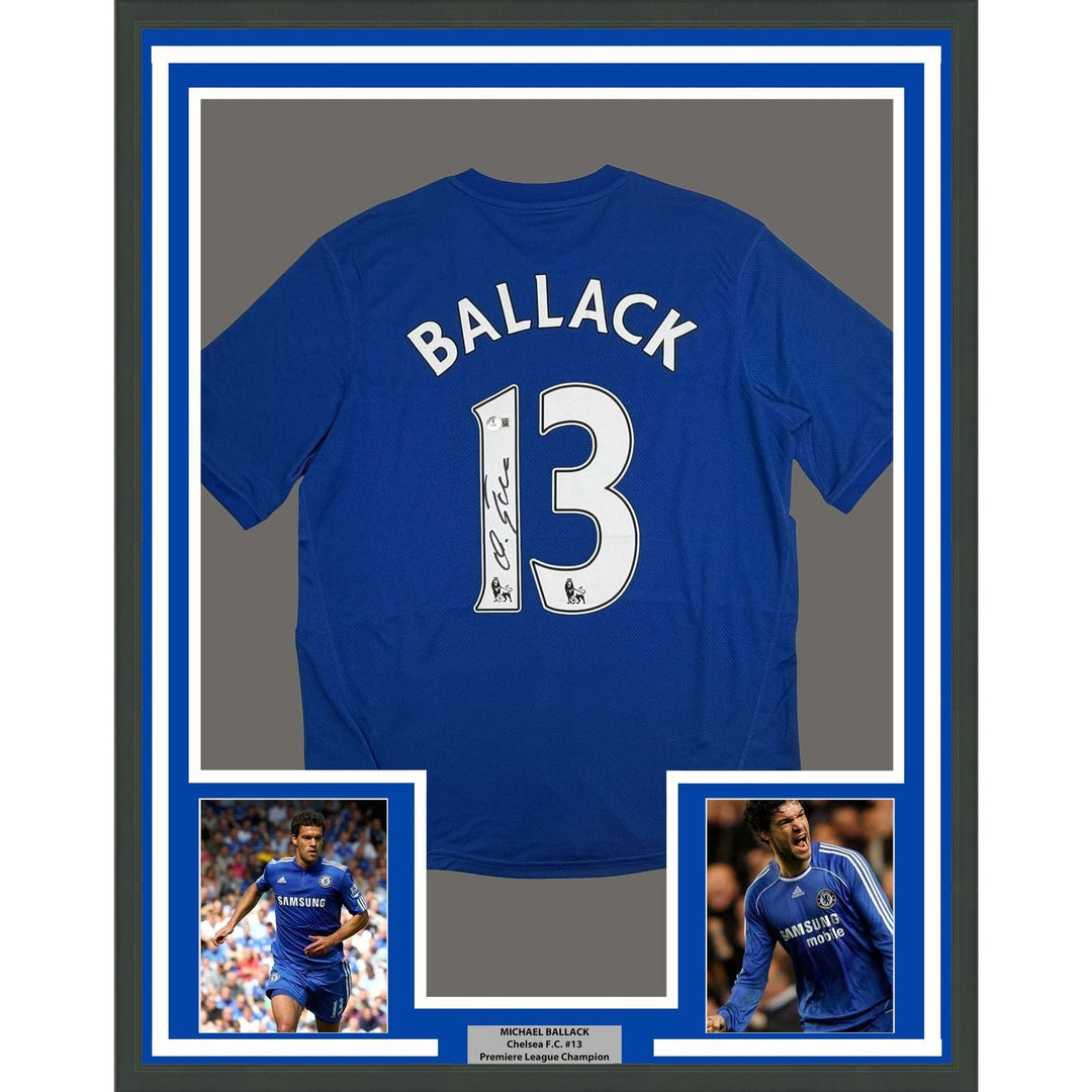 Framed Signed Michael Ballack 35x39 Chelsea FC Blue Jersey Beckett BAS COA