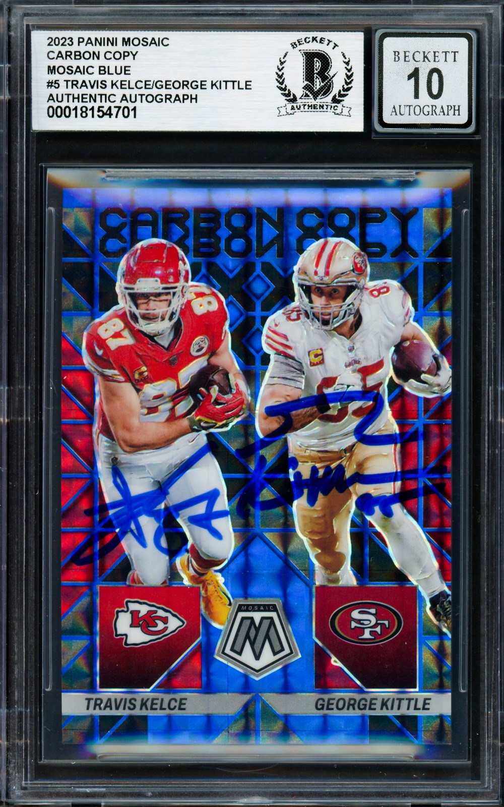 Travis Kelce George Kittle Auto 2023 Panini Mosaic Blue Card Sig 10 /99 Beckett
