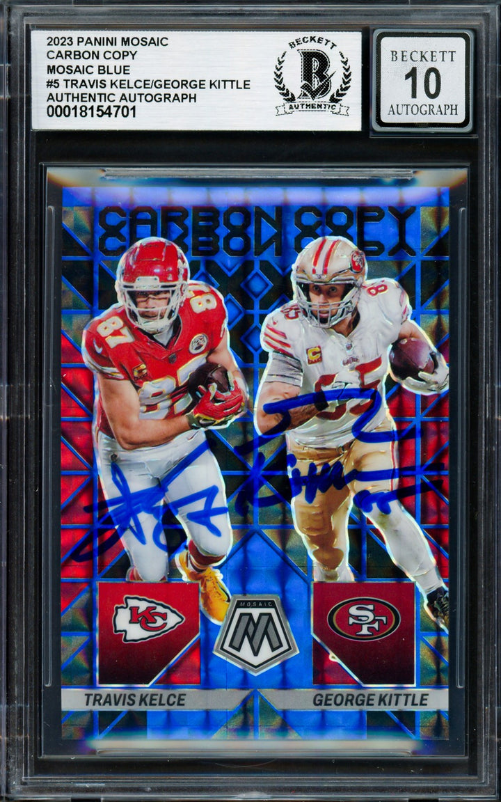 Travis Kelce George Kittle Auto 2023 Panini Mosaic Blue Card Sig 10 /99 Beckett
