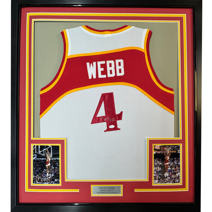 FRAMED Autographed/Signed SPUD WEBB 33x42 Atlanta White Jersey JSA COA Auto