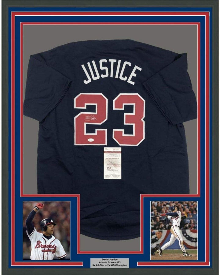 Framed Autographed/Signed David Justice 35x39 Atlanta Blue Jersey JSA COA