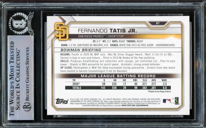 Fernando Tatis Jr. Signed 2021 Bowman Card #87 San Diego Padres Beckett